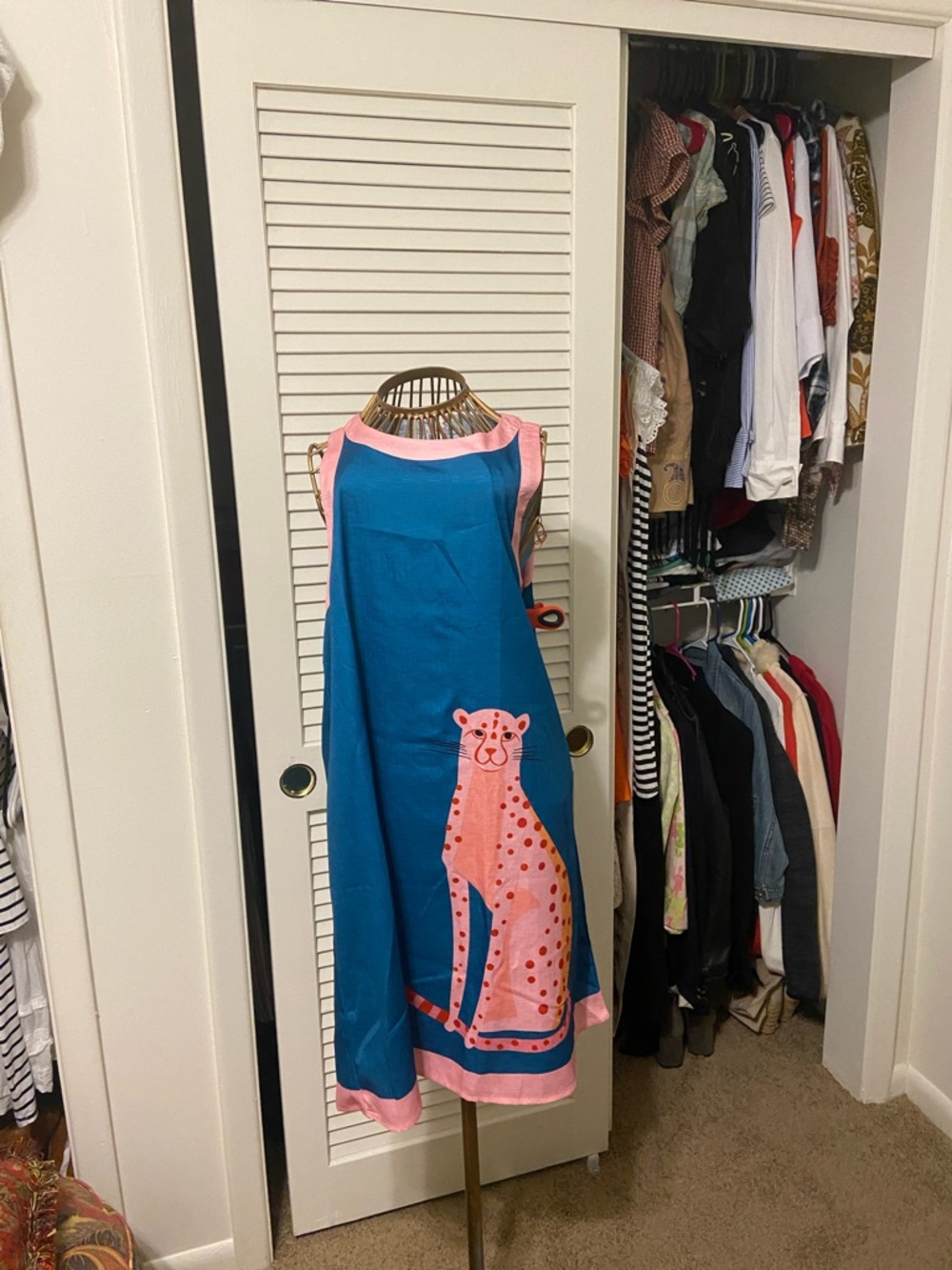 SHEIN Teal Blue Midi Dress with Pink Leopard Print